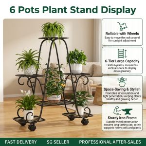 6-Tier Plant Stand MetalPlant Rack Black Flower Pot Display Shelf Holder Indoor Outdoor Metal Planter Storage Rack for Patio Balcony Yard Home Garden Decor