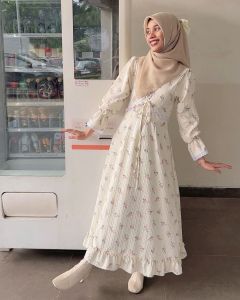 RAPUNDEL DRESS VINTAGE FLOWER HIJAB TJENNA1 VARIAN PASTEL AKSEN RENDA MOTIF BUNGA-BUNGA COTTAGECORE