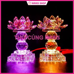 [Giá một cặp] Đèn Hoa Sen PHA LÊ Nguyên Khối LED Đổi Màu Để Bàn Thờ Phật Bàn Thờ Gia TiênĐèn Thờ Cúng Đẹp [MRHT43-2B]