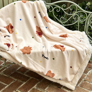 DANLE ผ้าห่มโซฟานั่งสบายอเนกประสงค์สำหรับพิมพ์การ์ตูนหมีผ้ากำมะหยี่นุ่มสี่ฤดู