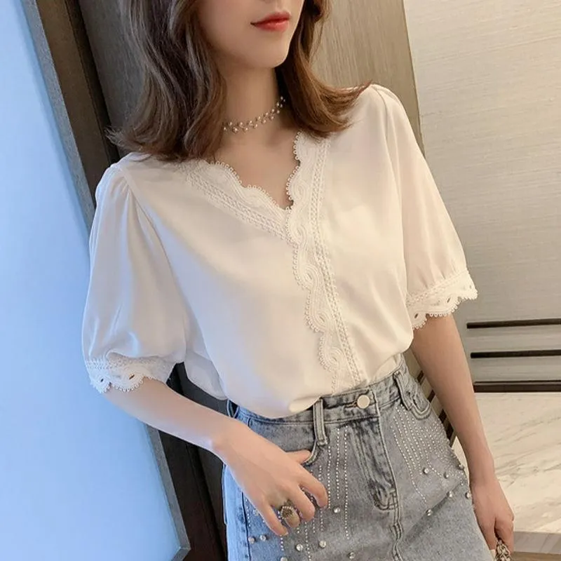 ❀ 2024 Korean Style V-neck White Lace Blouse Casual Short Sleeve Women  Shirt Top