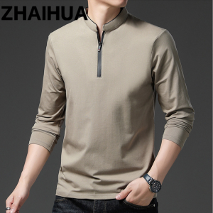 Mens POLO Shirt Long Sleeve Shirt T-Shirt Mens Stand Collar Zip Long Sleeve T-Shirt Slim Top