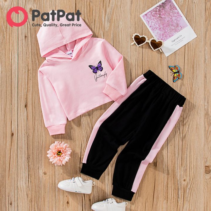2-piece Kid Girl Letter Butterfly Print Pink Long-sleeve Top and Elasticized Pants Casual Set