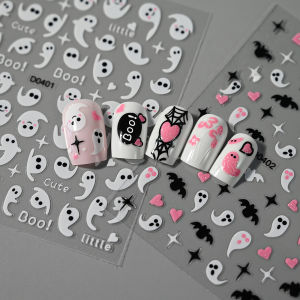 ZEEMIN 6pcs Pink White Glitter Halloween Nail Stickers 3D Ghost/Skull/Web/Spider/Butterfly Nail Decals Adhesived Halloween Nail Sticker