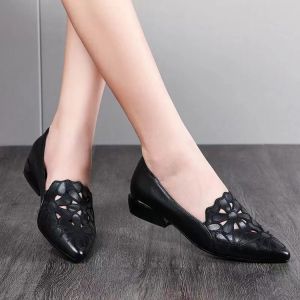 Free Shipping Soft Leather Soft Upper Hollowed-Out Embroidered Flats For Women 2026 New Summer And Autumn Collection Low-Heeled Shoes For Mothers Breathable Work Sandals For Women