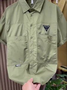 Multi-pocket cargo shirt for Men short sleeve loose Outdoor American vintage khaki blouse