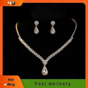 HB 1Set Bridal Necklace Earrings Water Drop-shaped Rhinestone Jewelry Style Sparkling Jewelry Set For Wedding Party Gift