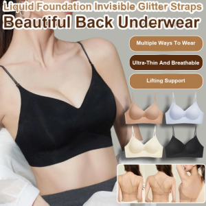 Liquid Foundation Womens Invisible Fixed Cup Bra Foundation Shiny Straps Backless BrasBeautiful Back Underwear 闪亮肩带露背内衣