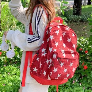 SUNNY BAR Korean Style Grey Stripes Backpack Lightweight Multi-pocket Star Printing Backpack Trendy Design Commuting Students Schoolbag Girls