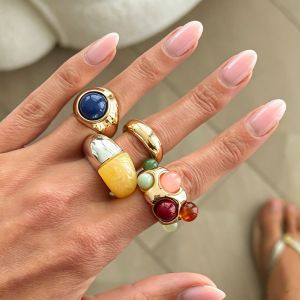 OWNNEW 4Pcs/set Nhiều màu sắc Nhẫn đá quý bằng nhựa Màu sắc cổ điển Bề loại bóng loáng Nhẫn khảm hạt Retro Bề Ba Lan Nhẫn trang sức phong cách Boho Dành cho phụ nữ