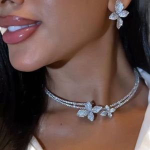 Full-diamond bridal double-layer flower necklace and earrings light luxury fashion party rhinestone jewelry set for women