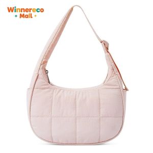 Trendy Nylon Quilted Handbag for Women with Adjustable Strap Lightweight Casual Bag for Work and Leisure in Purple and Tan