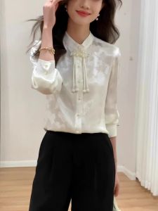 Ammin Mới Của Phụ Nữ Trung Quốc tay dài cổ áo đứng Đính Cườm Jacquard áo cánh vải voan Cho Phụ Nữ 2024 Thời Trang Khí Casual Commuter Đa Năng R Phong cách Trung Quốc áo in