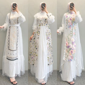 Dress brokat / Gamis kondangan Bahan Brukat Tile Bunga Bordir Gamis putih Kasual Kondangan Wisuda Kekinian Brukat Bunga Gamis Terbaru