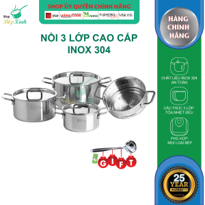 Bộ nồi 3 lớp đáy liền inox 304 cao cấp Fivestar Plus 4 món nắp inox dùng được bếp từ gas hồng ngoại tặng 1 vá canh