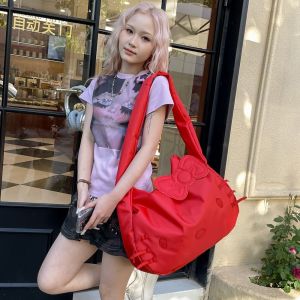 BELLERY Embroidery Kitty Shoulder Bag Kitty Cat Bow Cartoon Handbag Cute All-match Underarm Bag Girls
