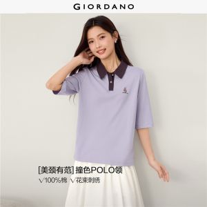 GIORDANO Women Polo Shirts Contrast Collar Embroidery Polo Shirts 1/2 Sleeve Fashionable Casual Polo Shirts 13316651