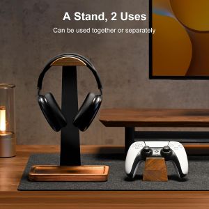 UPERGO Headset Stand with Gaming Controller Holder Walnut Wood Headphone Stand with Storage Base Gaming Equipment Accessories for Desk