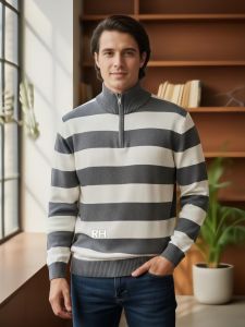sweater rajut pria resleting lengan panjang kerah tinggi zipper strip garis belang terbaru