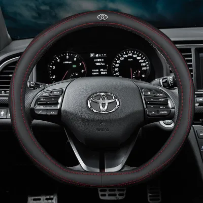 [QiaoFan] Toyota Leather Breathable Car Steering Wheel Cover (Red Lining) Logo Accessories 38cm for Alphard Avanza Camry Corolla CHR Prius Altis Estima Harrier Innova Vellfire Vios Wish Prado Land Cruiser Yaris Fortuner RAV4