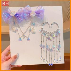 🔥🔥🔥ranghe Cartoon Girls Hair Clip Children Mermaid Princess Fringe Pink Purple Bow Forehead Chain Hairpin Fairy Earhook Accessories