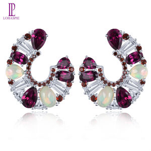 Lohaspie Jewelry Real 7.8 Carats Solid Sterling Silver 925 Stud Earring Natural Opal Rhodolite Garnet Aquamarine Chrome Diopside Stud Earring Birthstone Earring For Women Jewelry