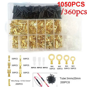 หัวต่อสายไฟ1050/360ชิ้นขั้วปลายสายไฟแบบจีบพร้อมแขน หางปลาทองเหลือง (แท้) แบนเมีย / แบนผู้ หัวต่อสายไฟ ขั้วเชื่อมต่อสีทองจีบขั้ว2.8/4.8/6.3มมชายและหญิงประกบเทอร์มินัลขั้วจีบ+พีวีซีสารหน่วงไฟเปลวไฟโปร่งใส+พลาสติกโพลีเอทิลีนสีดำความร้อนหดท่อ