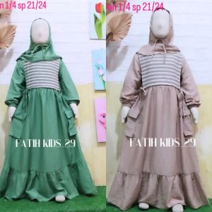 Gamis Anak Perempuan Kinara Salur Kombinasi Bahan Polo Linen Mix Knit Caramel Usia 3-11 Tahun Sudah Satu Set Hijab Polos - Baju Anak Syari Muslimah Lebaran