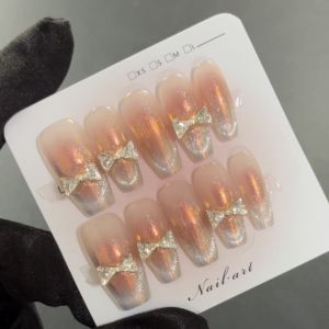 【5in1 Toolkit+HANDMADE】Artificial Nail Sweet Princess Style Bow Aurora Cats Eye Flash Phototpy Fake Nail Patch Press on Nails Reusable