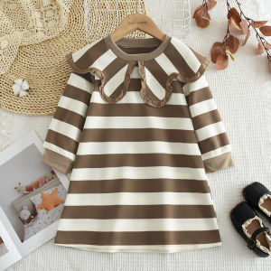 Bear Leader Korean Version Dress for Baby Girls 3 to 7 Years New Spring Stripe Print Classic Casual Dresses Autumn Patchwork Lace Lapel Kids Clothes Plain Long Sleeved Christmas Girls Clothing Outfits
