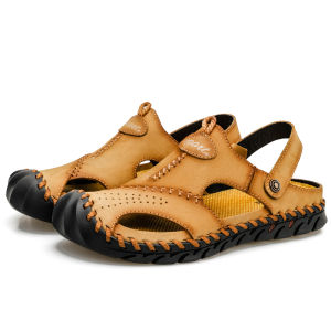 2025 รองเท้าผู้ชายหนังผู้ชายรองเท้าแตะฤดูร้อนชายรองเท้าชายหาดแฟชั่นกลางแจ้งรองเท้าผ้าใบกันลื่นหนัง Frosted ขนาดใหญ่รองเท้าแตะเย็บรองเท