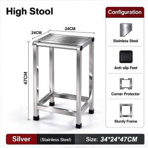 Thickened Premium Square Stainless Steel Stool 27cm/47cm Anti Slip Heavy Duty Rubber Feet Bangku Kukuh Dapur Bilik Ready Stock Mudah Dibersihkan Home Living 方形不锈钢凳子