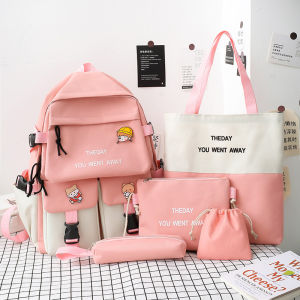 AE2025 New Nylon Fashion Five-Piece Set Middle School Student Backpack for Girls Lightweight Color-Block School Backpack