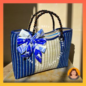 TIYA NATY Abaca Handbag with Lining Handmade Native Bag with Wooden Beads Handle stylish top handle