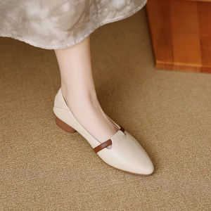 Free Shipping WomenS Single Shoes 2026 Spring Collection New Style Chunky Heel Soft Leather Comfortable Sole Easy To Slip On Pointed Toe Low Heel