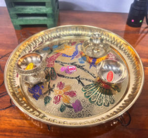 Decorative Brass Peacock Embossed Pooja Thali Set – 1 Plate 1 Bowl 1 Diya & 1 Incense Stand | Temple & Home Pooja Gift | 8 Inches Pack of 1 pc