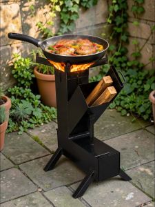 Heavy Duty Modern Rocket stove Wood Burning Grill-stove (Kalan De Kahoy)MakapaL Outdoor metal fire pit with hopper and ash catcher on grass near stone wall.Outdoor Metal Grill Stands with Fuel Hopper and Cooking Surface.