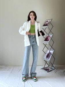 OUSSYU 2026 New Jeans Women Straight Wide Leg Denim Cream Color High Waisted JeanY2k  Fashion Streetwear Vintage Trousers Plus