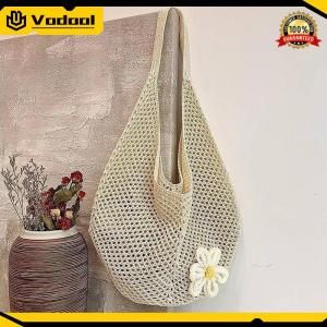 Women Girls Woven Straw Solid Color Shoulder Bag Large Capacity Hollow Tote Bag for Work and Daily Use
