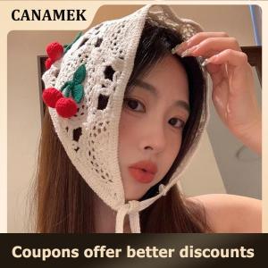 【 CANAMEK 】 Knitted Triangle Headband Cute Little Cherry French Pastoral Style Headband Towel Crochet Flower Headscarf