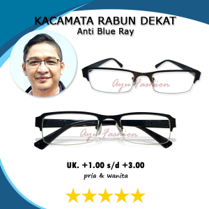 Kacamata Lensa Blueray + Rabun Dekat Plus Ready Ukuran +1.00 s/d +3.00 Semi Rimless Warna Hitam Ada Nosepad Engsel Per Pegas - PRIA WANITA - BISA COD