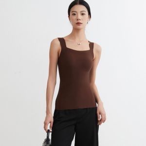 OOC Fixed Cup Seamless Camisole U Neck Built-in Bra Velvet Camisole Slim Fit Stretchy Thermal Vest Base Layer