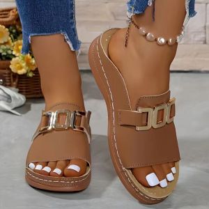 New Large-Size WomenS Wedge-Heeled Thick-Soled Sandals With Metal Decoration Roman-Style Open-Toe Beach Sandals