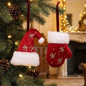 YERZ White Plush Christmas Tree Ornaments Gold Sequin Red Velvet Xmas Tree Hanging Pendants Scene Prop Decorative Christmas Gloves Pendant Home Decoration
