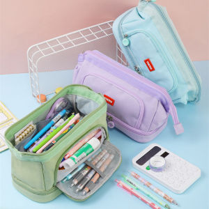 Kawaii Large Capacity Pencil Case Durable Canvas for Student Stationery Double-deck Pen Pouch Storage Bags School Supplies