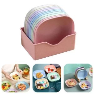 11pcs Plastic Fruit Plate Wheat Straw Spit Bone Dish Desktop Square Trash Tray Household Snack Dessert Plate