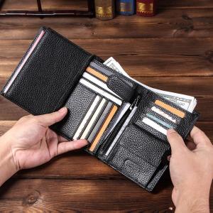 CONTACTS Genuine Leather Wallets For Men Business Male Trifold Purse Men Hasp Purse With Passcard Pocket and Card Holder