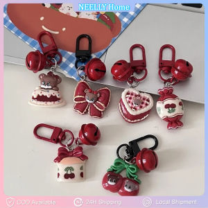 1PC Vintage Red Berry Cartoon Bowknots Keychain Cute Resin Cake Small Bell Key Ring Women Girls Bag Charms Hangings Pendant Gifts