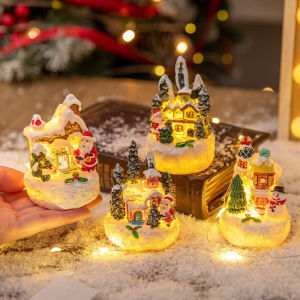 Christmas Light House with LED Lights Resin Village House Christmas Micro Landscape Desktop Ornament