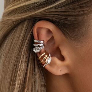 GENENIC Golded C-shaped Ear Clip Multi-Layer Silver Square Zircon Stud Earrings Retro Irregular Shape Ear Buckle Women